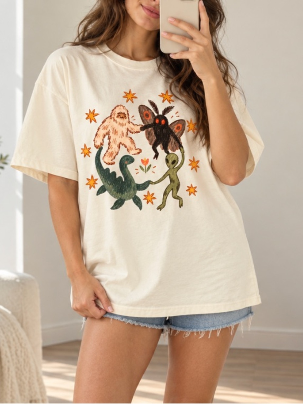 Dancing Cryptids Graphic Tee, Bigfoot Mothman Alien, Weirdcore Washed Shirt